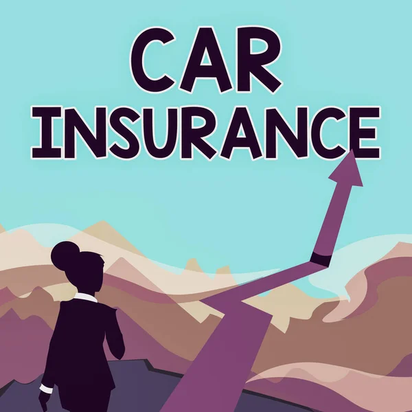 Text zeigt Inspiration Autoversicherung. Word Written on Accidents coverage Comprehensive Policy Motor Vehicle Guaranty Lady Walking To Mountains With An Arrow Marking Success — Stockfoto