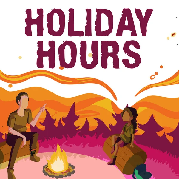 Conceptual caption Holiday Hours. Concept meaning Schedule 24 or7 Half Day Today Last Minute Late Closing Father And Daughter Sitting Next To Campfire Enjoying Camping At The Park — Fotografia de Stock