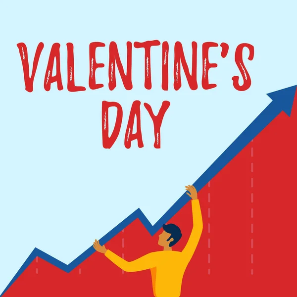 Ręczne pisanie znaków Walentynki S Day. Biznes pomysł czas, gdy pokazując uczucia miłości i uczucia Man Drawing Holding Arrow Wyświetlanie Business Growth. — Zdjęcie stockowe