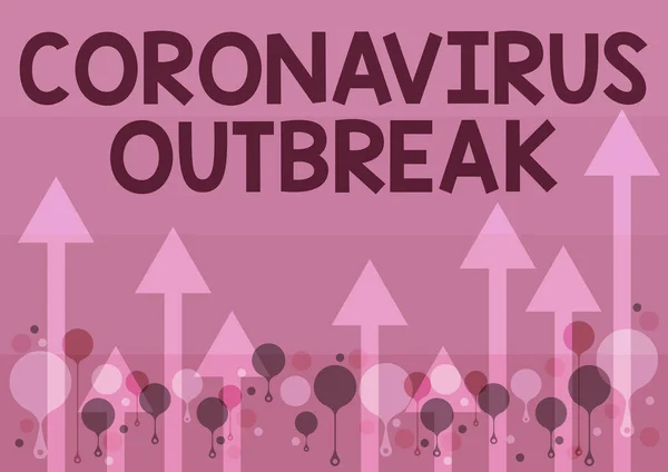 Firma mostrando el Brote de Coronavirus. Palabra escrita sobre enfermedades infecciosas causadas por recién descubiertas COVID19 Ilustración de flechas largas flotando suavemente hacia el cielo — Foto de Stock