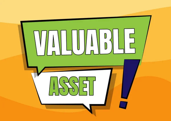 Conceptual caption Valuable Asset. Business approach Your most valuable asset is your ability or capacity Two Colorful Overlapping Dialogue Box Drawing With Exclamation Mark. — Stockfoto