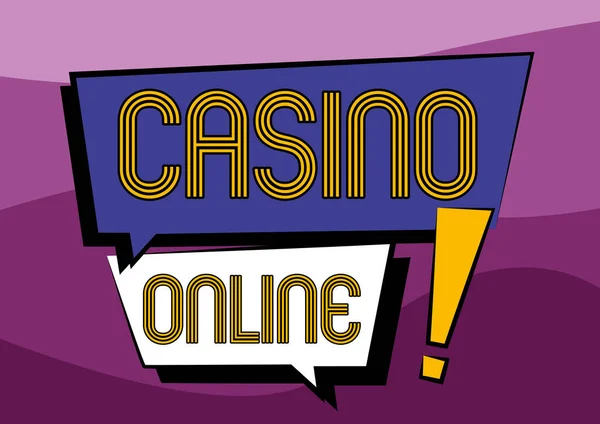 Hand writing sign Casino Online. Internet Concept Computer Poker Game Gamble Royal Bet Lotto High Stakes Two Colorful Overlapping Dialogue Box Drawing With Exclamation Mark. — Foto Stock