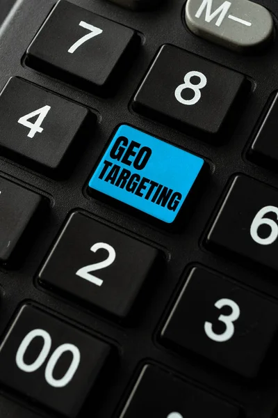 Text showing inspiration Geo Targeting. Business showcase Digital Ads Views IP Address Adwords Campaigns Location Setting Up New Online Blog Website, Typing Meaningful Internet Content — Stockfoto