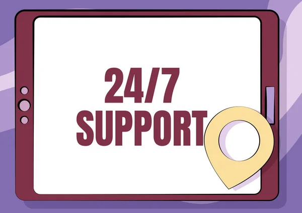 Text sign showing 24 Or 7 Support. Internet Concept Giving assistance to service whole day and night No downtime Computer Tablet Drawing With Clear Touch Screen And Location Pin. — Stock Photo, Image