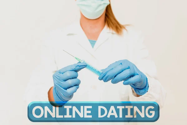 Writing displaying text Online Dating. Concept meaning Searching Matching Relationships eDating Video Chatting Preparing Medical Vaccine Presenting New Medicine Formulation — Stock Photo, Image