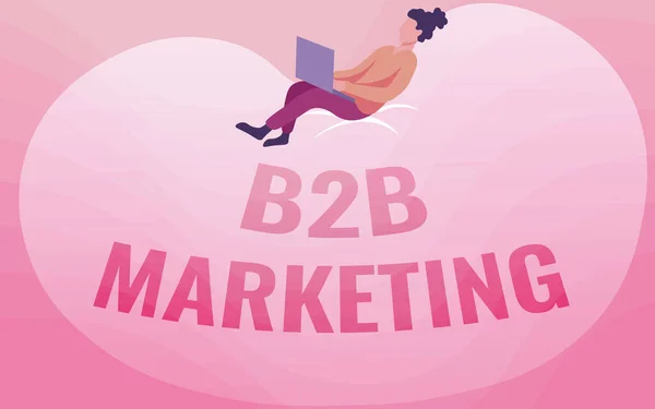 Sign displaying B2B Marketing. Business approach Partnership Companies Supply Chain Merger Leads Resell Lady Drawing Sitting Back On A Large Bean Bag Using Laptop. — Fotografia de Stock