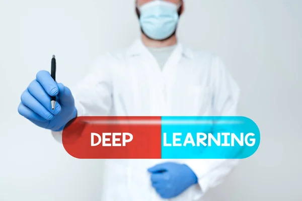 Sign displaying Deep Learning. Word for Hierarchical Abstractions Artificial Intelligence Algorithm Scientist Demonstrating New Technology, Doctor Giving Medical Advice — 图库照片