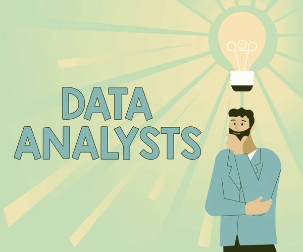 Konceptvisning Dataanalytiker. Word Skrivet om Programmerare Design och Skapa rapport Identifierar mönster Illustration av en man stående Komma upp med nya fantastiska idéer. — Stockfoto