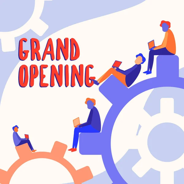 Teken met Grand Opening. Zakelijke aanpak Lint Knippen Nieuwe Zakelijke Eerste Officiële Dag Lancering Vier Teamgenoten Drawing Sitting Gears Met behulp van Laptop Toont vooruitgang. — Stockfoto