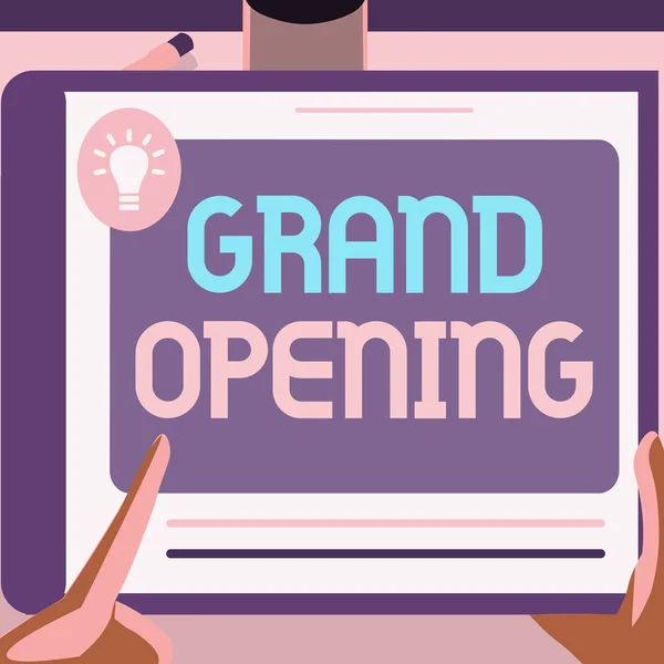 Hand writing sign Grand Opening. Business idea Ribbon Cutting New Business First Official Day Launching Illustration Of A Hand Using Big Tablet Searching Plans For New Amazing Ideas — Stock Photo, Image