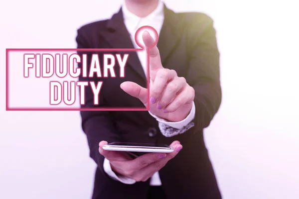 Text caption presenting Fiduciary Duty. Word for A legal obligation to act in the best interest of other Presenting New Technology Ideas Discussing Technological Improvement — Foto Stock