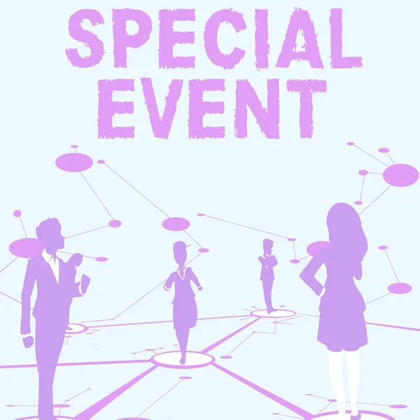 Sign displaying Special Event. Word for Function to generate money for non profit a Crowded Occassion Several Team Members Standing Separate Thinking Connected Lines On Floor. — Fotografia de Stock