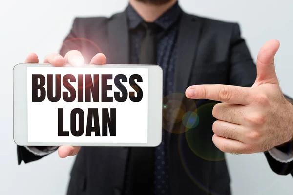 Podpis pod pojęciem Business Loan. Słowo Wpisany na kredyt hipoteczny Pomoc finansowa Zaliczki gotówkowe Dług przedstawiający nowe pomysły technologiczne Dyskusja o poprawie technologicznej — Zdjęcie stockowe