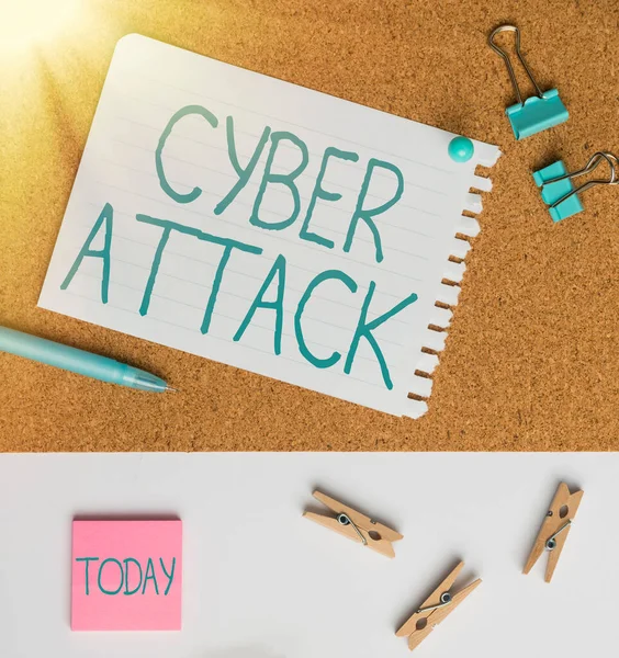 Conceptual display Cyber Attack. Business approach An attempt by hackers to Damage Destroy a Computer System Flashy School Office Supplies, Teaching Learning Collections, Writing Tools, — Fotografia de Stock
