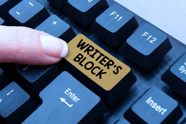 Text sign showing Writer S Block. Business idea Condition of being unable to think of what to write Typing Device Instruction Manual, Posting Product Review Online