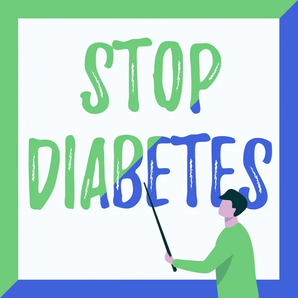 书写文字，停止糖尿病。概念意思是血糖水平高于正常注射胰岛素教员拔出的手握棒指向板显示新课程. — 图库照片