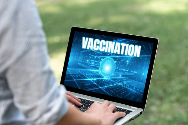 Text showing inspiration Vaccination. Business overview Treatment which makes the body stronger against infection Woman Typing On Laptop In The Park Alone Accomplishing Remote Jobs. — Fotografia de Stock