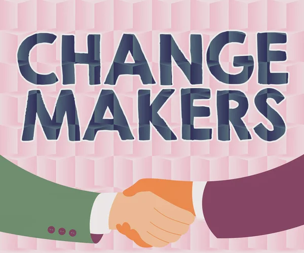 Εγγραφή εμφάνισης κειμένου Changemakers. Επιχειρηματική προσέγγιση Νεαρό Turk Επηρεάζει Acitivists Urbanization Μόδα Gen X Δύο άνδρες Σχέδιο με φόντο χαρτί Shake Hands Παρουσιάζοντας Συμφωνία — Φωτογραφία Αρχείου