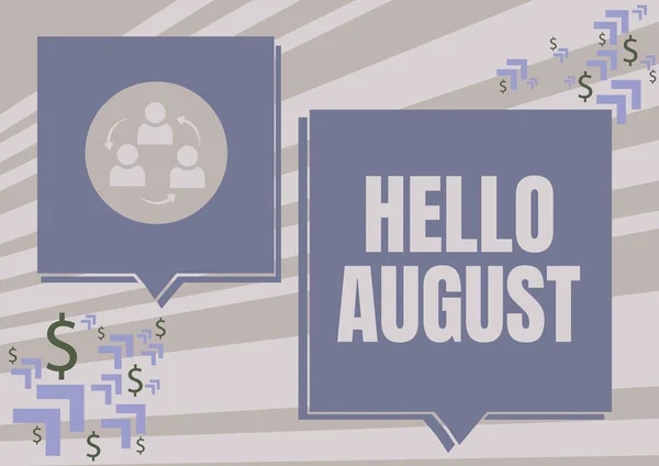 Handwriting text Hello August. Internet Concept a positive greeting for the month of summertime season Two Colorful Overlapping Speech Bubble Drawing With Dollar Sign. — Foto Stock