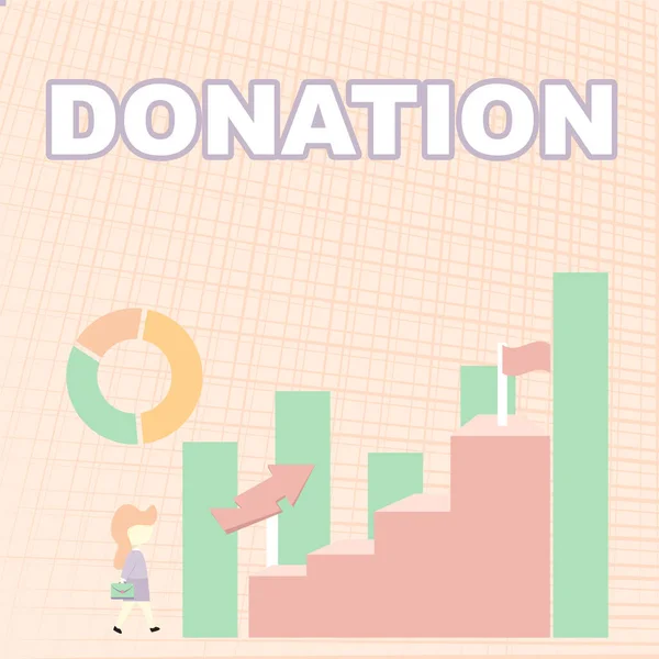 Handwriting text Donation. Conceptual photo something that is given to a charity, especially a sum of money Business Woman Walking Towards Large Graph Showing Performance — Foto Stock
