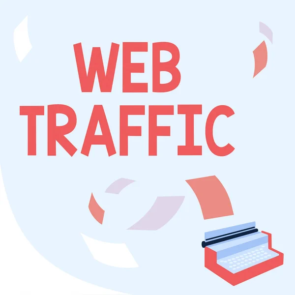 Hand writing sign Web Traffic. Business approach amount of web users and attempted visit measured of a website Vintage Typewriter Drawing With Multiple Floating Papers. — Stockfoto