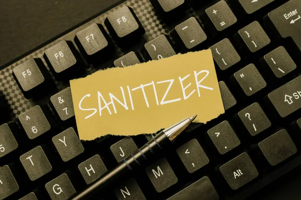 Psaní textu Sanitizer. Slovo napsané na tekuté nebo gel obecně používané ke snížení infekčních agens Abstraktní psaní nový filmový skript, Tvorba motivační řeč Online — Stock fotografie