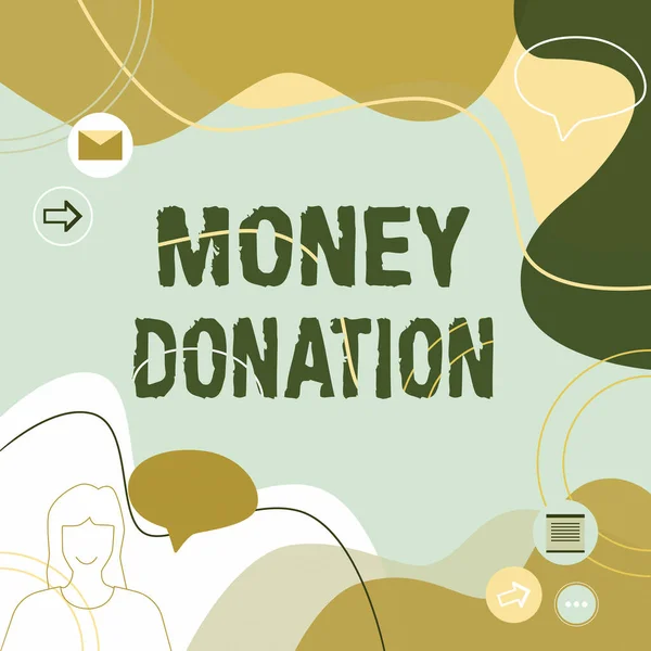 Conceptual display Money Donation. Internet Concept a charity aid in a form of cash offered to an association Illustration Couple Speaking In Chat Cloud Exchanging Messages. — Fotografia de Stock