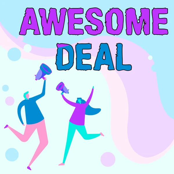 Inspiration showing sign Awesome Deal. Concept meaning impressive agreement given to other party for mutual benefit Illustration Of Partners Jumping Around Sharing Thoughts Through Megaphone. — Fotografia de Stock
