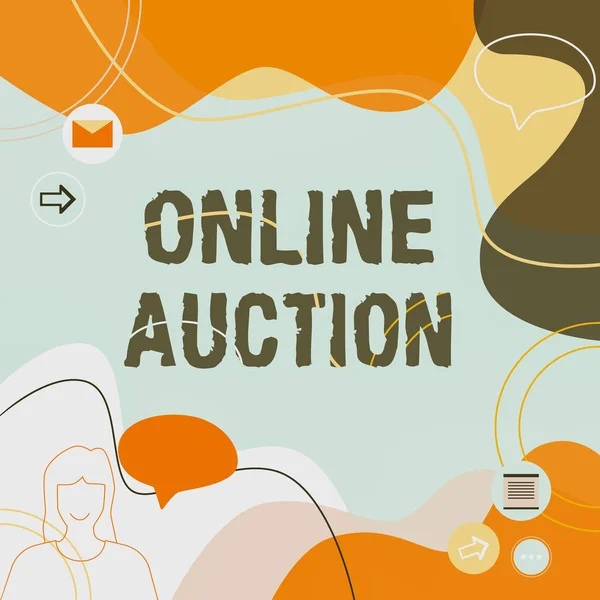 Online Auction 문서 작성중. 사업 접근 디지털 판매 이벤트 어떤 항목 이 가장 높은 청취자 예를 드는 부부에게 판매되는 채팅 클라우드 확장 메시지. — 스톡 사진