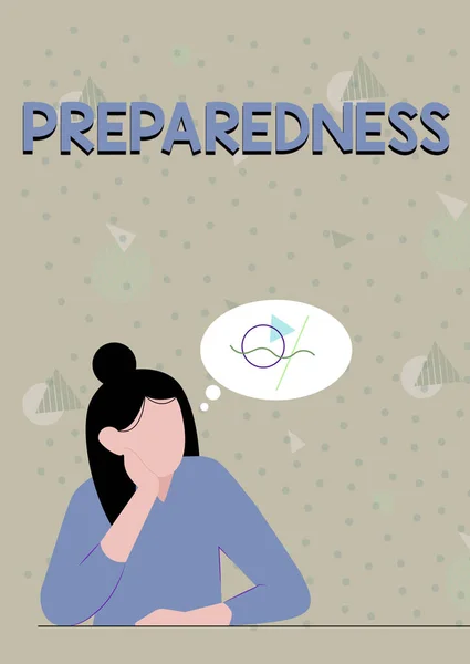 Text showing inspiration Preparedness. Business overview quality or state of being prepared in case of unexpected events Illustration Of Lady Thinking Deeply Alone For New Amazing Tactical Ideas. — 图库照片