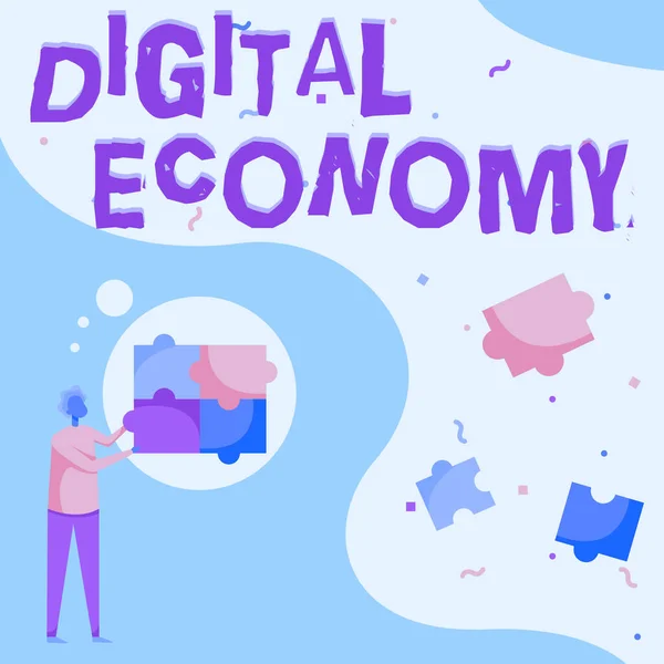 Handwriting text Digital Economy. Word Written on advancement of economy built using modern technology Man Drawing Standing Fitting Four Jigsaw Puzzle Pieces. — 图库照片