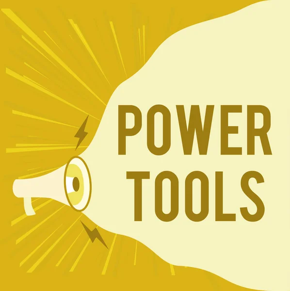 Inspiráció jeleit mutatja Power Tools. Word Írt szerszámok powered by egy elektromos motor többnyire a kézi munka Megafon rajz, hogy új hangos bejelentés, hogy üres felhő. — Stock Fotó