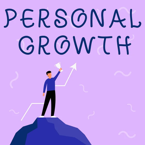 Inspirace ukazuje znamení osobního růstu. Obchodní koncept dlouhodobý proces, který ukazuje vývoj lidského podnikatele kreslení stojící na Big Rock pyšně drží trofej. — Stock fotografie