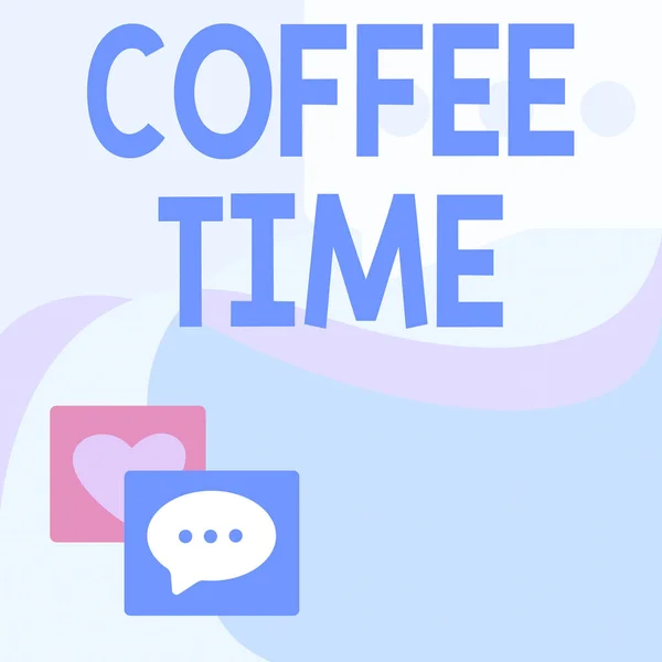 Tekst pokazujący inspirację Czas na kawę. Słowo na wybrany okres, gdy filiżanka kawy jest podawana i pijany Wiadomość S Rysunek z bańki mowy z symbolami serca. — Zdjęcie stockowe