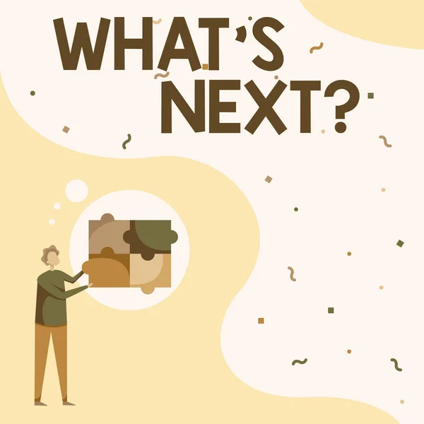 Text caption presenting Whats Next Question. Word Written on Expecting Any Strategy and Business vision for work in Sequence Man Drawing Standing Fitting Four Jigsaw Puzzle Pieces. — 图库照片