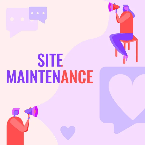 Teken het weergeven van Site Maintenance. Business idee Monitoring en regelmatig controleren van uw website voor problemen Man Standing And Woman Sitting Both Holding Megaphone With Message Symbool. — Stockfoto