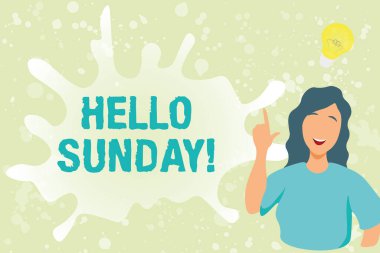 Metin gösterimi yazılıyor. Merhaba Pazar. İnternet Konsepti, mutlu bir hafta sonu Bayan Illustration Keşfi 'nin Konuşma Baloncuklu Yeni Fikir Lambası' na sahip olduğu için olumlu karşılamaya ilham verdi..