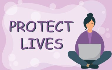 Hayatları Korumayı Sunan Metin başlığı. Yaralanma hasarı ya da yıkımdan korunmak için dizüstü bilgisayar kullanırken çapraz bacaklı genç bayan....