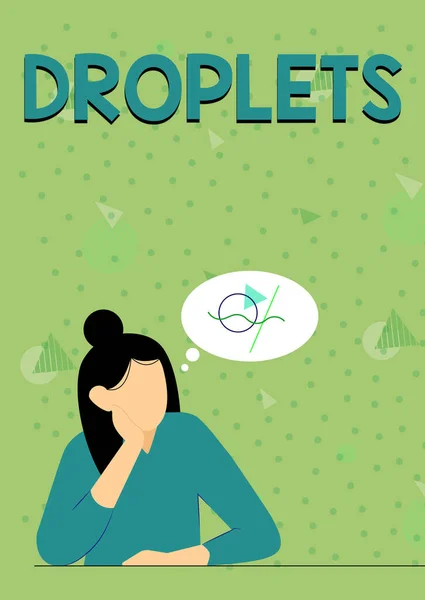 Text sign showing Droplets. Business overview very small drop of a liquid can be found in certain wet places Illustration Of Lady Thinking Deeply Alone For New Amazing Tactical Ideas. — Foto Stock