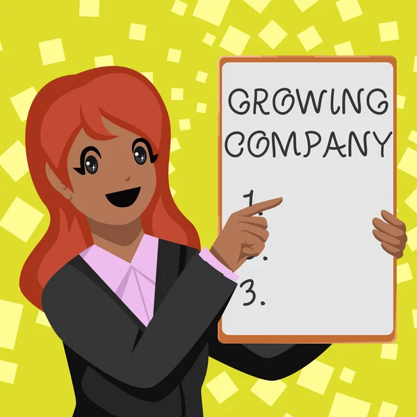 Writing displaying text Growing Company. Business approach a business firm that is still undergoing a development Business Woman Drawing Holding Blank White Board Presenting Announcements — Fotografia de Stock