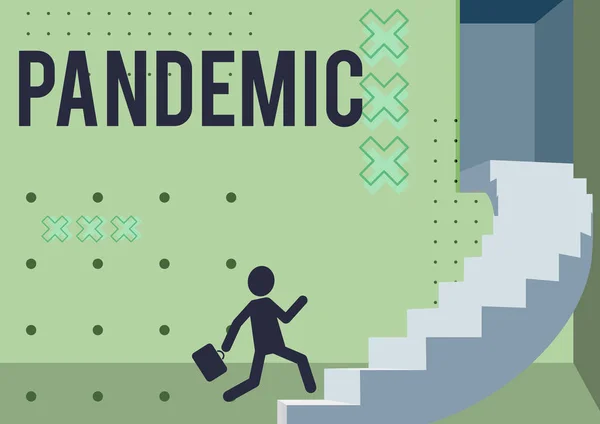 Inspiration showing sign Pandemic. Business idea occurring over a wide area affecting high proportion of population Gentleman In Suit Running Upwards On A Large Stair Steps Showing Progress. — Stockfoto