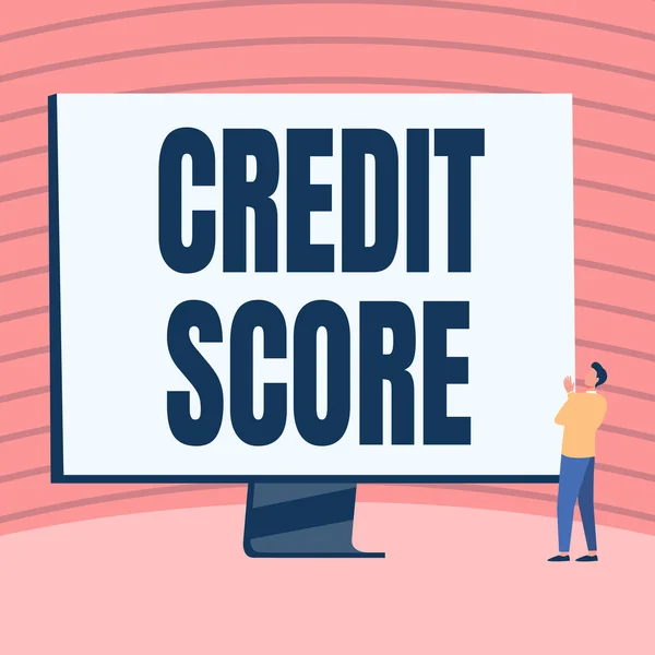 Text showing inspiration Credit Score. Word Written on numerical expression that indicates a person s is creditworthiness Man Standing Drawing Looking At Large Monitor Display Showing News. — 图库照片
