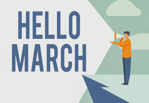 コンセプトキャプションこんにちは3月。3月の月を迎える際に使う挨拶の表現を意味するコンセプト｜ビジネスマンがメガホンを使って崖の上に立つ絵を描く発表. — ストック写真