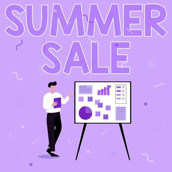 Text showing inspiration Summer Sale. Internet Concept a special type of discount to merchandise imposed during summer Businessman Drawing Standing Presenting Ideas For Their Success. — Stockfoto