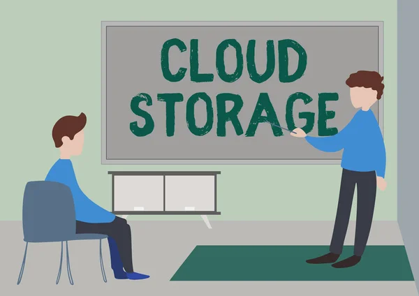 Tekenen tonen Cloud Storage. Word Written on computing connect devices to cloud data on remote storage Teacher And Student Drawing Having Class Privately Inside A Classroom. — Stockfoto