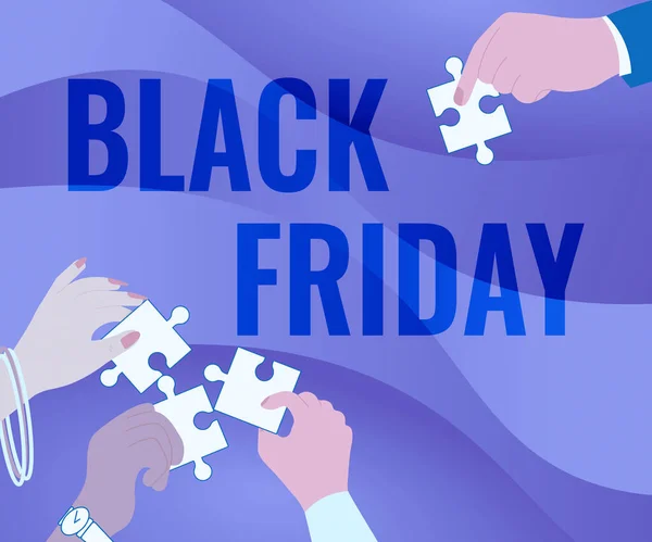 Handwriting text Black Friday. Business concept a day where seller mark their prices down exclusively for buyer Illustration Of Hands Holding Jigsaw Puzzle Pieces Helping Each Others. - Stock-foto