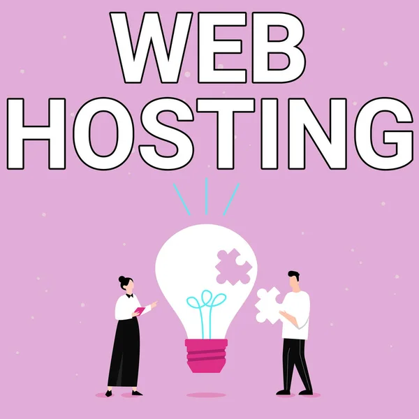 Text caption presenting Web Hosting. Business overview business allowing access to a server to store data in a website Illustration Of Partners Bulding New Wonderful Ideas For Skill Improvement. — Fotografia de Stock