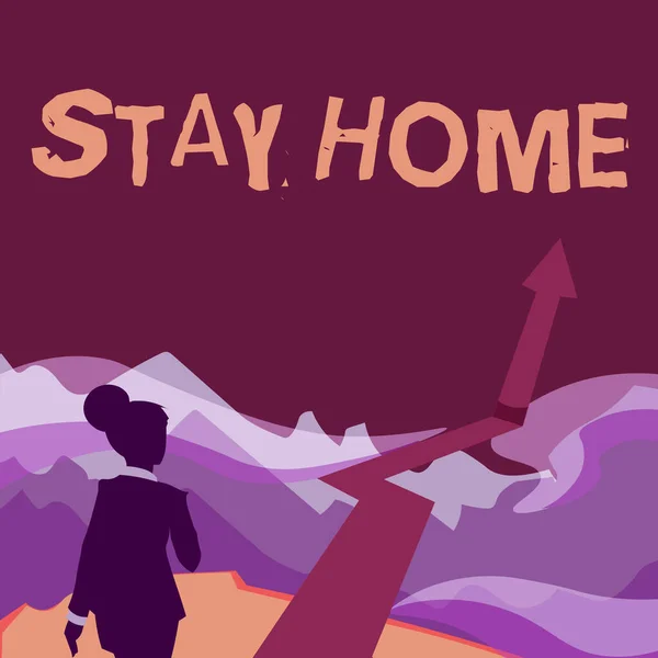 Text sign showing Stay Home. Business overview not go out for an activity and stay inside the house or home Lady Walking Towards Mountains With An Arrow Marking Success — Foto Stock