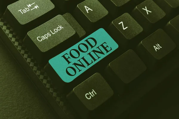 Conceptual display Food Online. Internet Concept variety of food set up in a website directly delivered by store Abstract Office Typing Jobs, Typewriting Important Work Reports — 图库照片