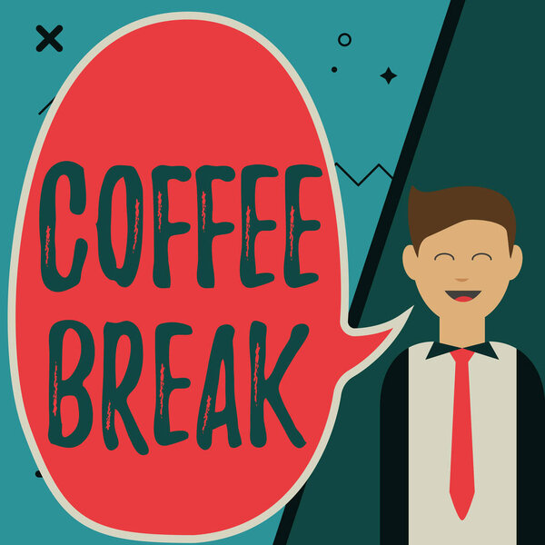 Text sign showing Coffee Break. Business approach short time allotted for drinking coffee without doing any work Illustration Of Businessman Presenting Ideas To Empty Chat Cloud.